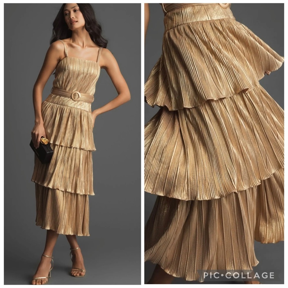 Mac Duggal Gold lamé Gatsby Flapper Ruffle Tiered Sleeveless Dress Size 16